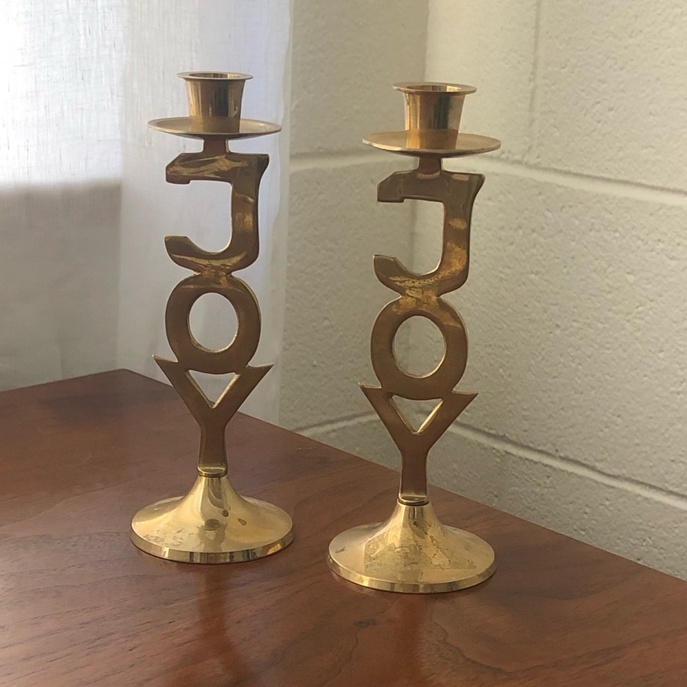 Vintage Solid Brass JOY Holiday Candle Holders